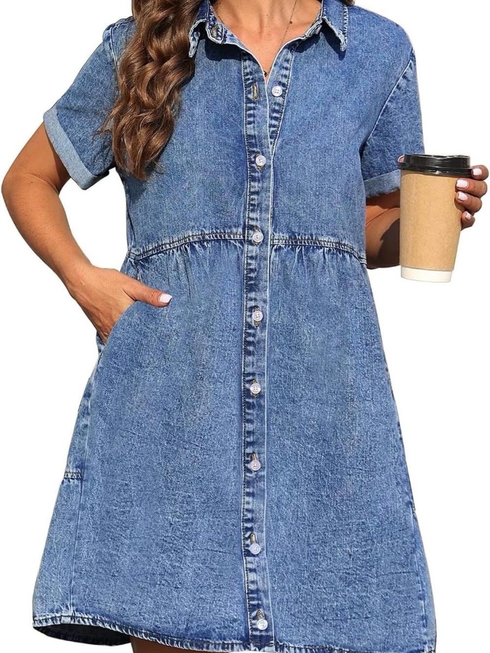 Amazon Blue Denim Button-Front Short-Sleeve Dress